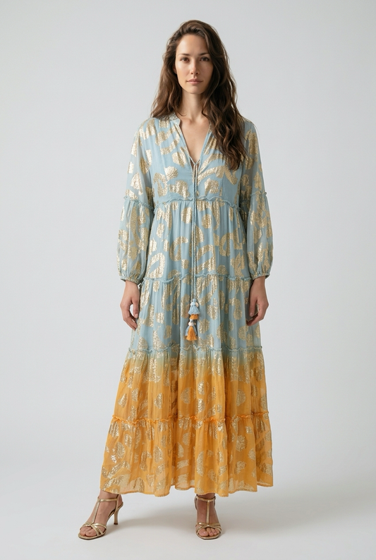 Robe style bohème avec manches bouffantes et Liens à pompon - Bleu et Orange