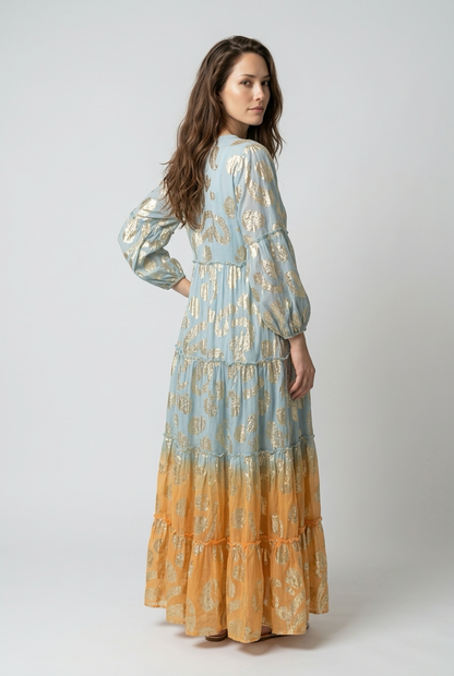 Robe style bohème avec manches bouffantes et Liens à pompon - Bleu et Orange