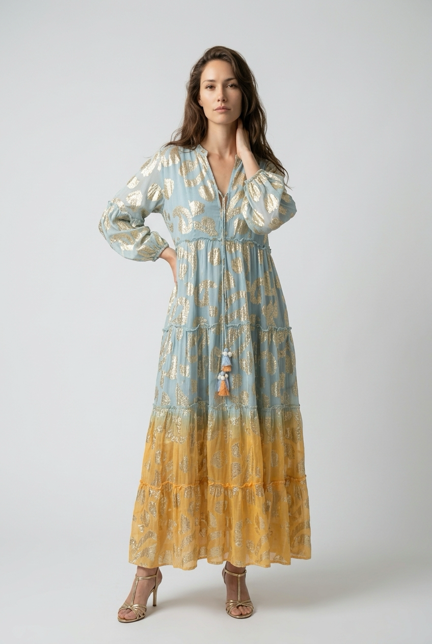 Robe style bohème avec manches bouffantes et Liens à pompon - Bleu et Orange