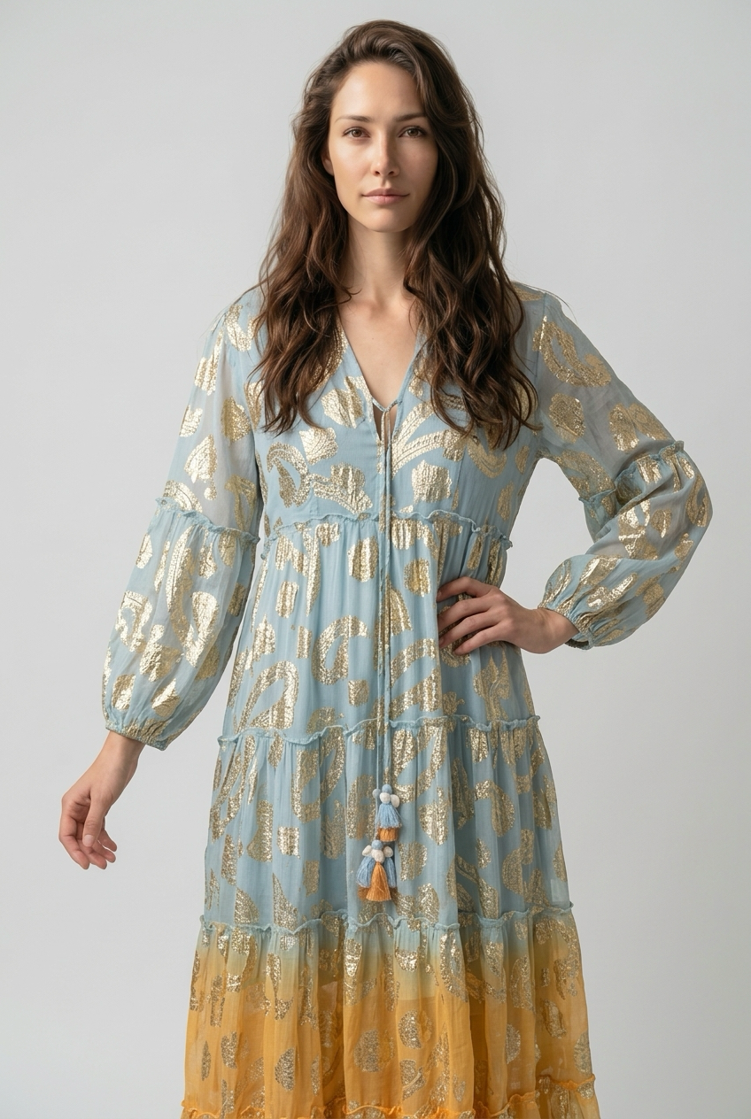 Robe style bohème avec manches bouffantes et Liens à pompon - Bleu et Orange