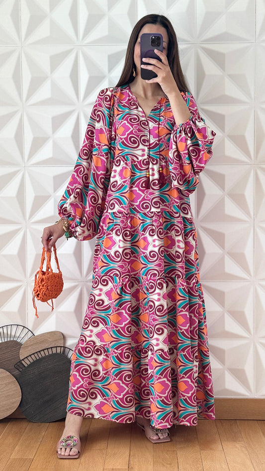 babydoll à motif abstrait avec manches bouffantes - Baie