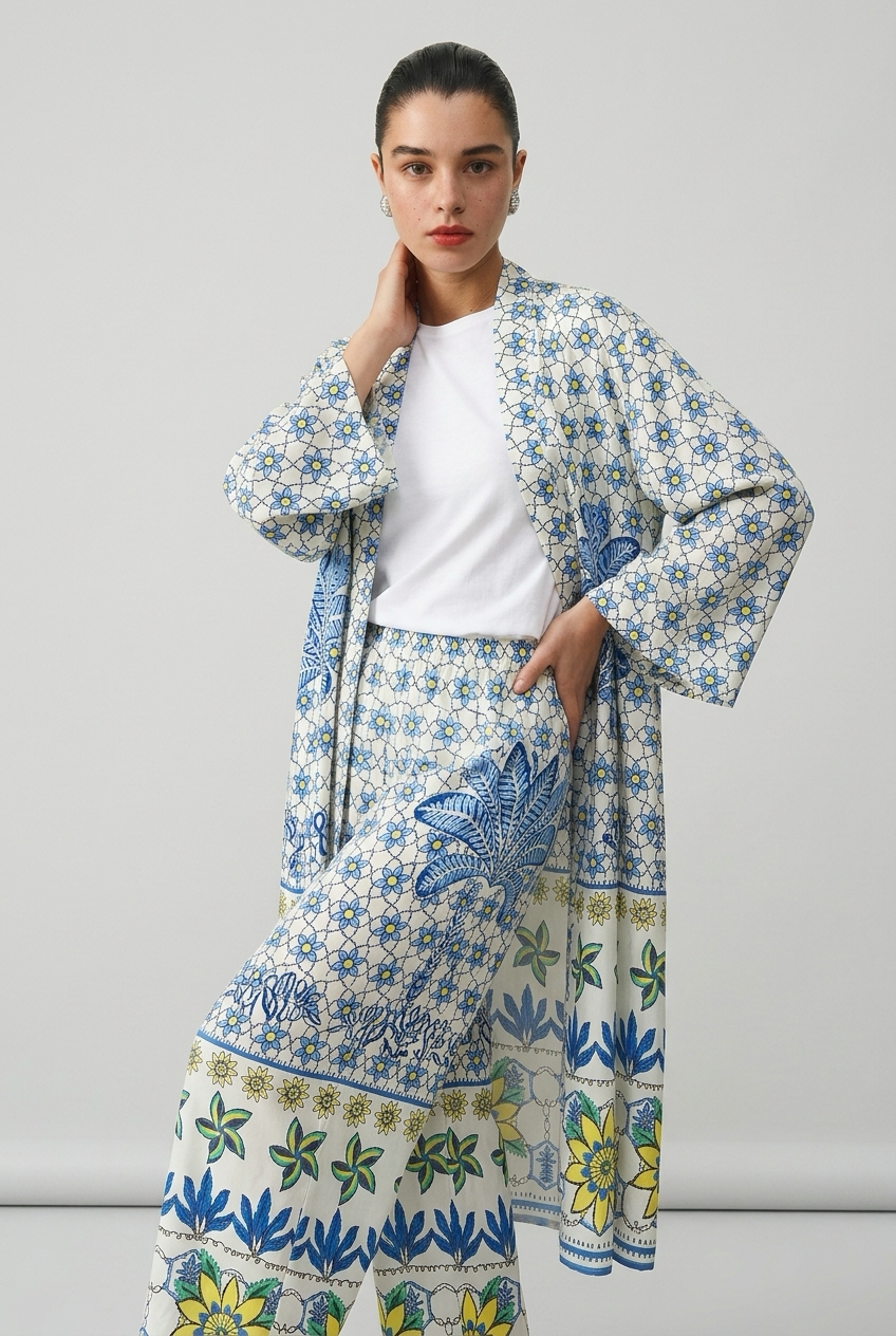 Ensemble kimono long et pantalon large a motif floral - Bleu
