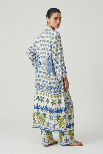 Ensemble kimono long et pantalon large a motif floral - Bleu