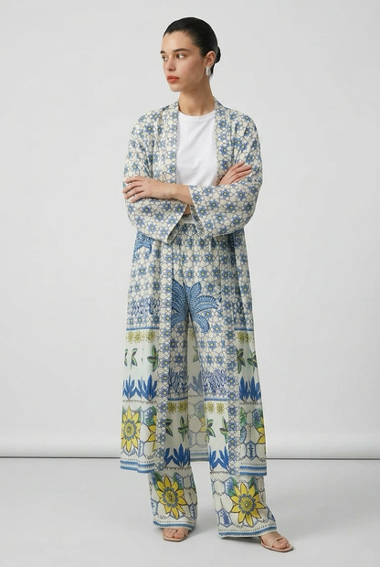 Ensemble kimono long et pantalon large a motif floral - Bleu