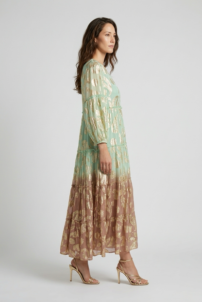 Robe style bohème avec manches bouffantes et Liens à pompon - Vert et Choco