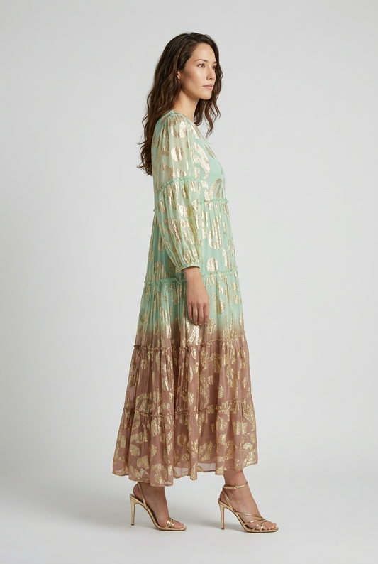 Robe style bohème avec manches bouffantes et Liens à pompon - Vert et Choco