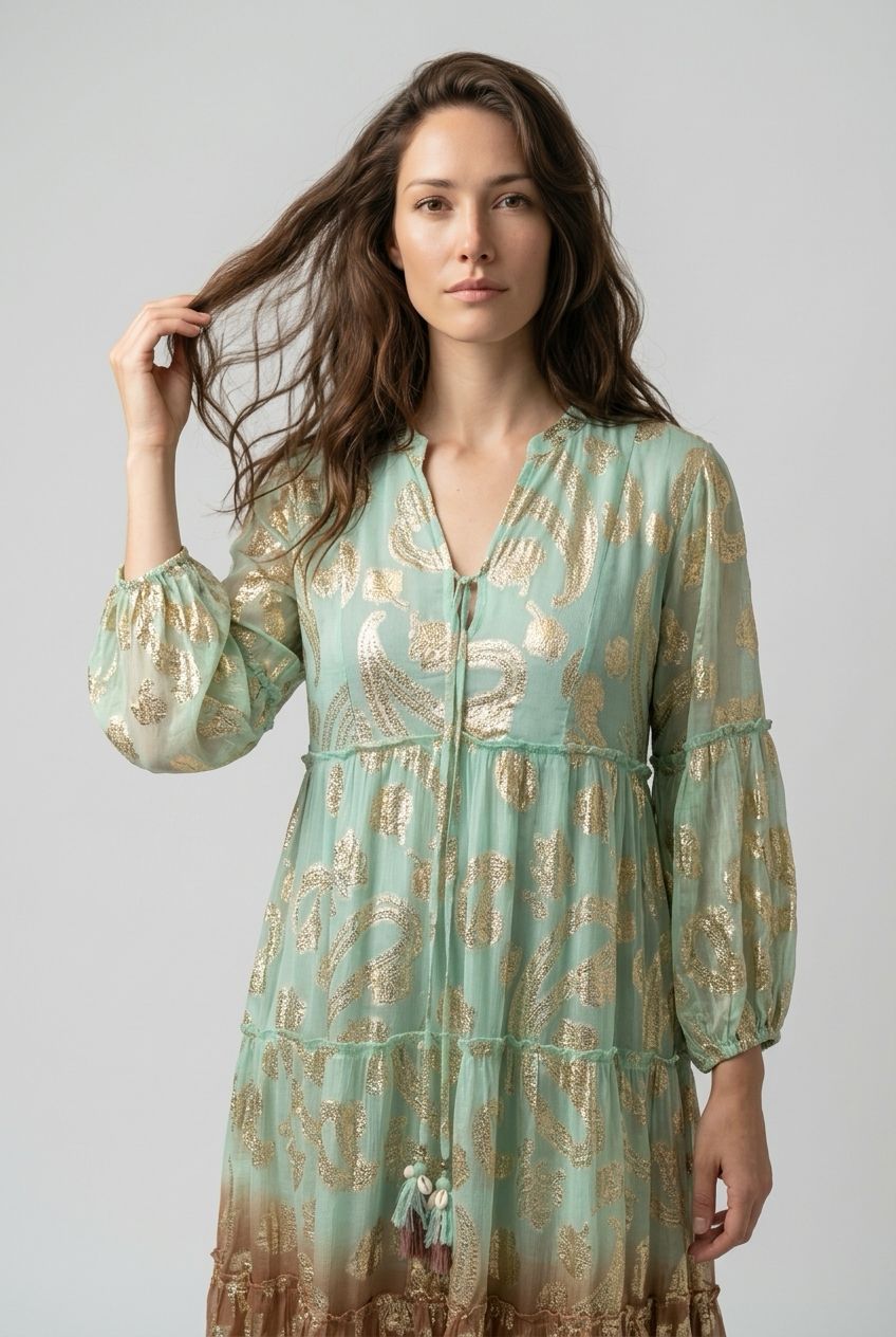 Robe style bohème avec manches bouffantes et Liens à pompon - Vert et Choco
