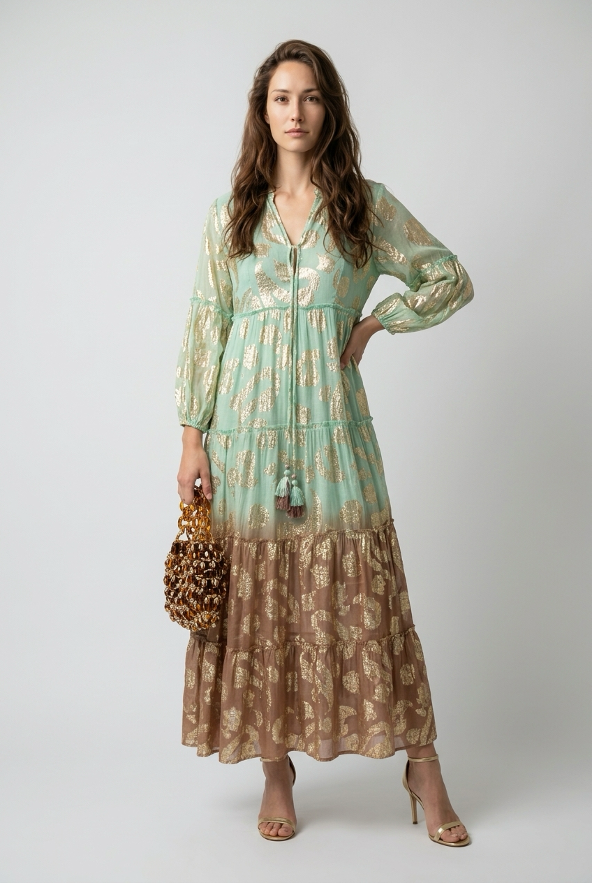 Robe style bohème avec manches bouffantes et Liens à pompon - Vert et Choco