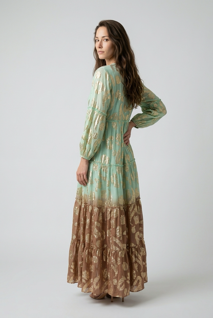 Robe style bohème avec manches bouffantes et Liens à pompon - Vert et Choco