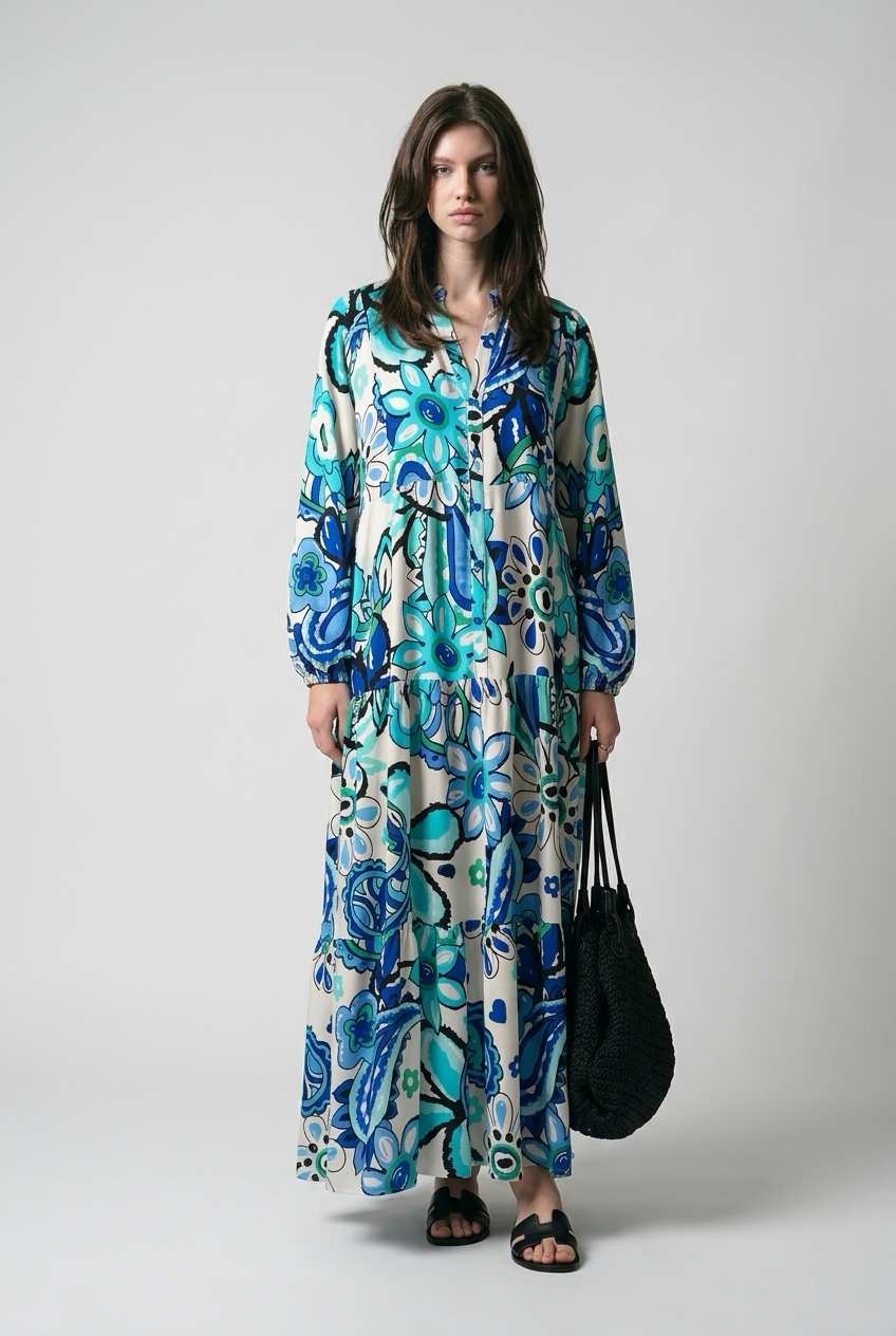 Robe boutonnée à manches ballon et imprimé fleurs - Bleu