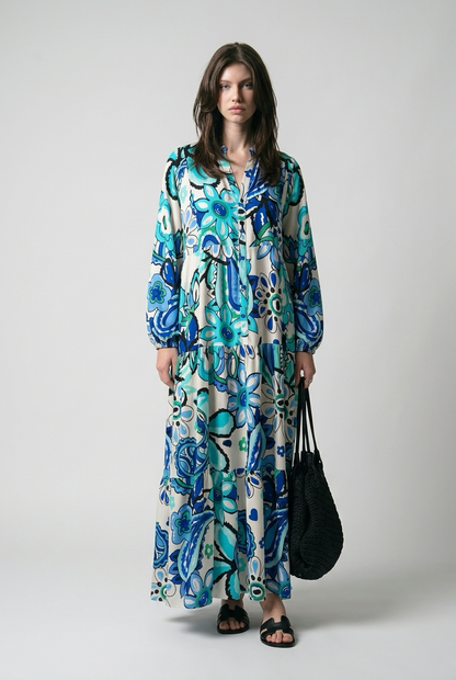 Robe boutonnée à manches ballon et imprimé fleurs - Bleu