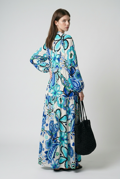 Robe boutonnée à manches ballon et imprimé fleurs - Bleu