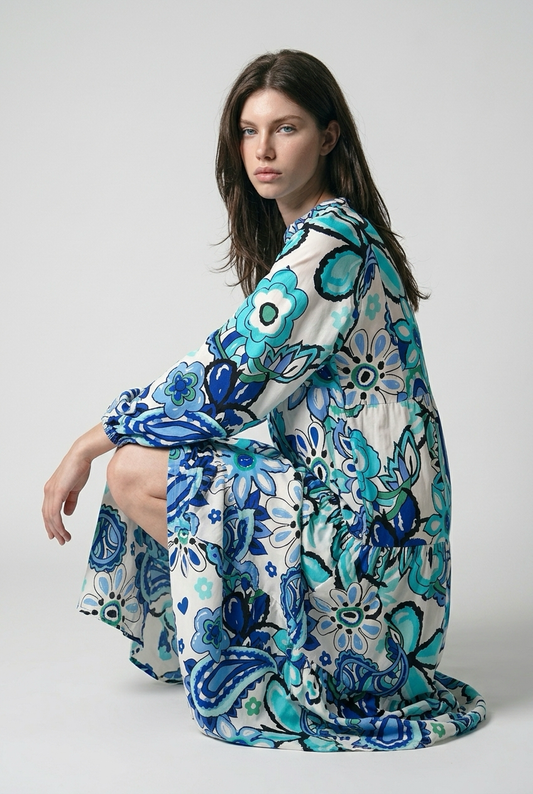 Robe boutonnée à manches ballon et imprimé fleurs - Bleu