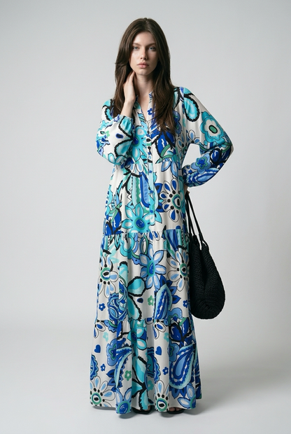 Robe boutonnée à manches ballon et imprimé fleurs - Bleu