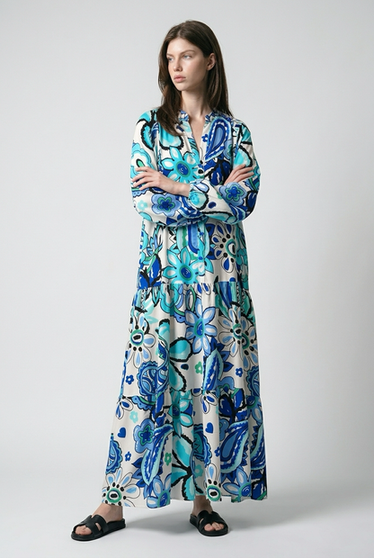 Robe boutonnée à manches ballon et imprimé fleurs - Bleu