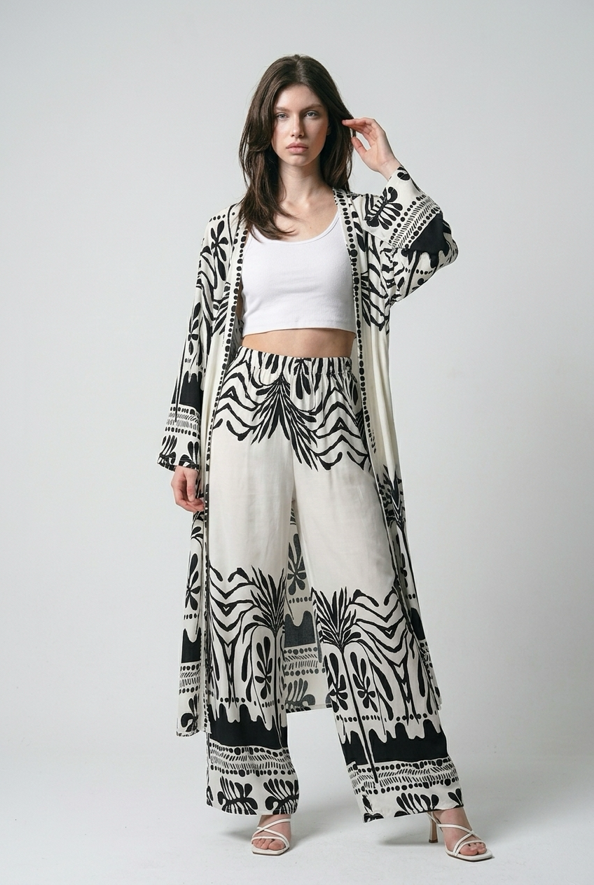 Ensemble kimono long et pantalon large a motif olivier - Noir