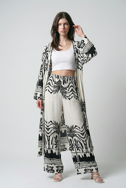 Ensemble kimono long et pantalon large a motif olivier - Noir