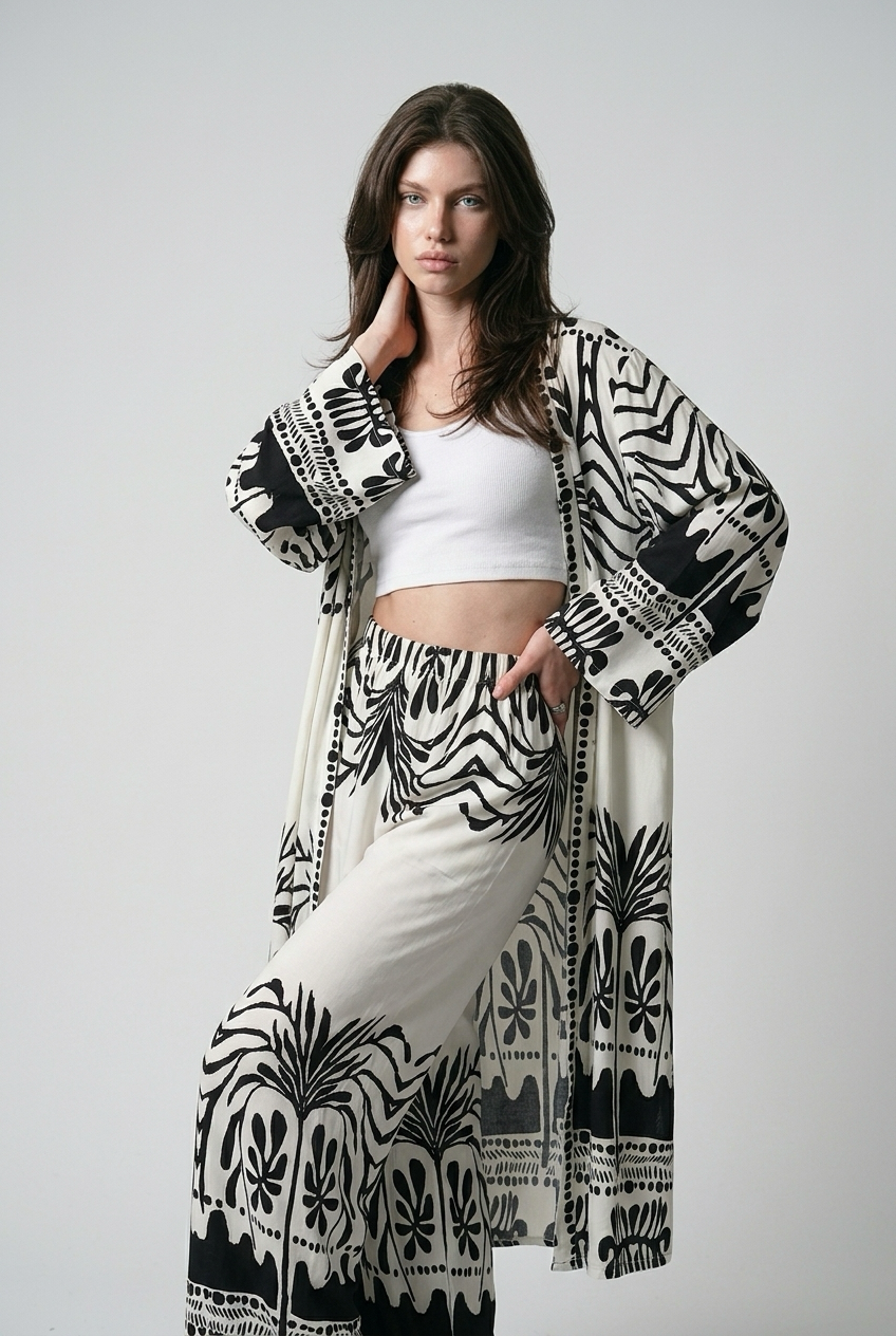 Ensemble kimono long et pantalon large a motif olivier - Noir
