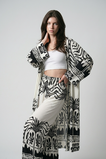 Ensemble kimono long et pantalon large a motif olivier - Noir