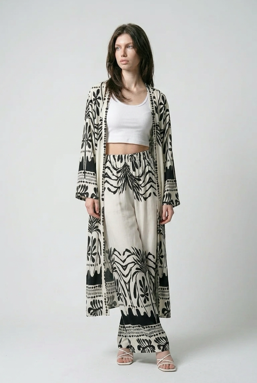 Ensemble kimono long et pantalon large a motif olivier - Noir
