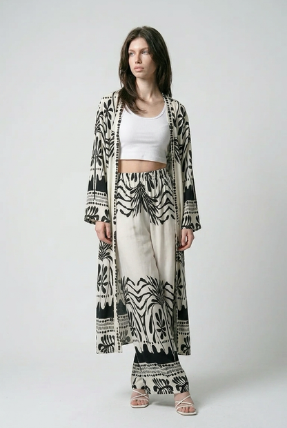 Ensemble kimono long et pantalon large a motif olivier - Noir