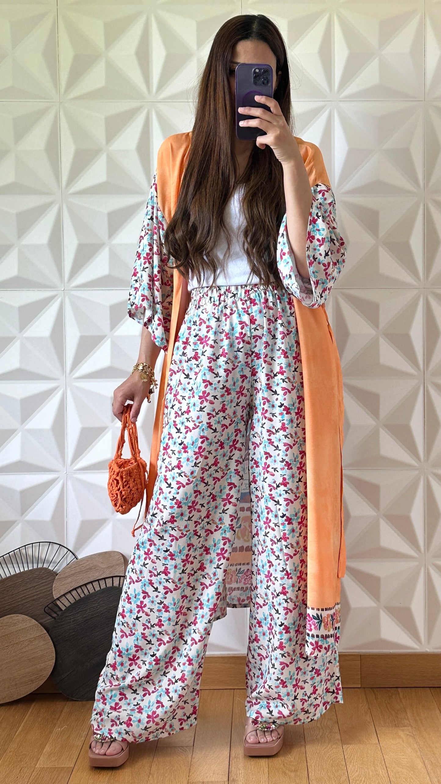 Kimono Set with Tie Tie and Floral Print - Beige