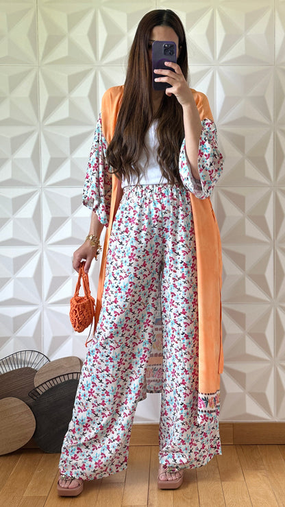 Kimono Set with Tie Tie and Floral Print - Beige