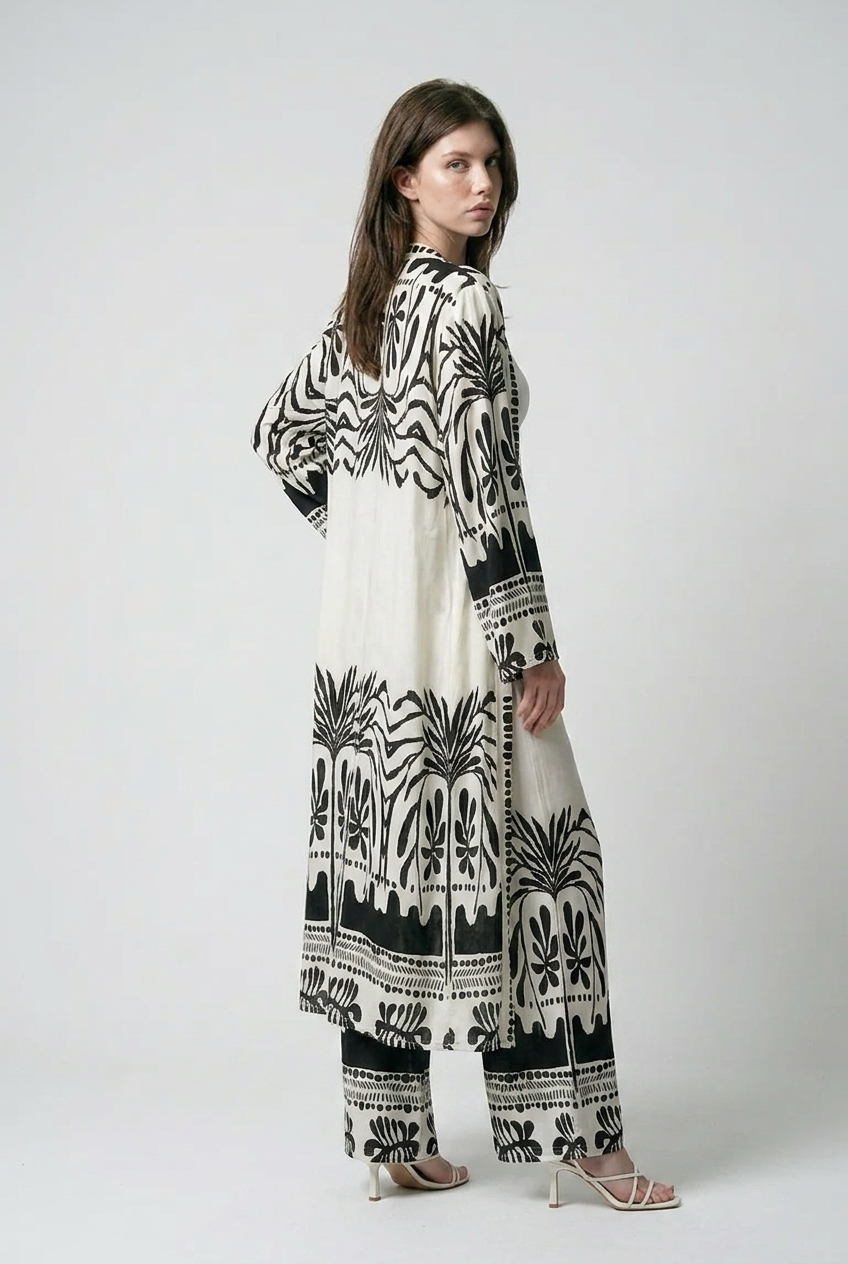 Ensemble kimono long et pantalon large a motif olivier - Noir