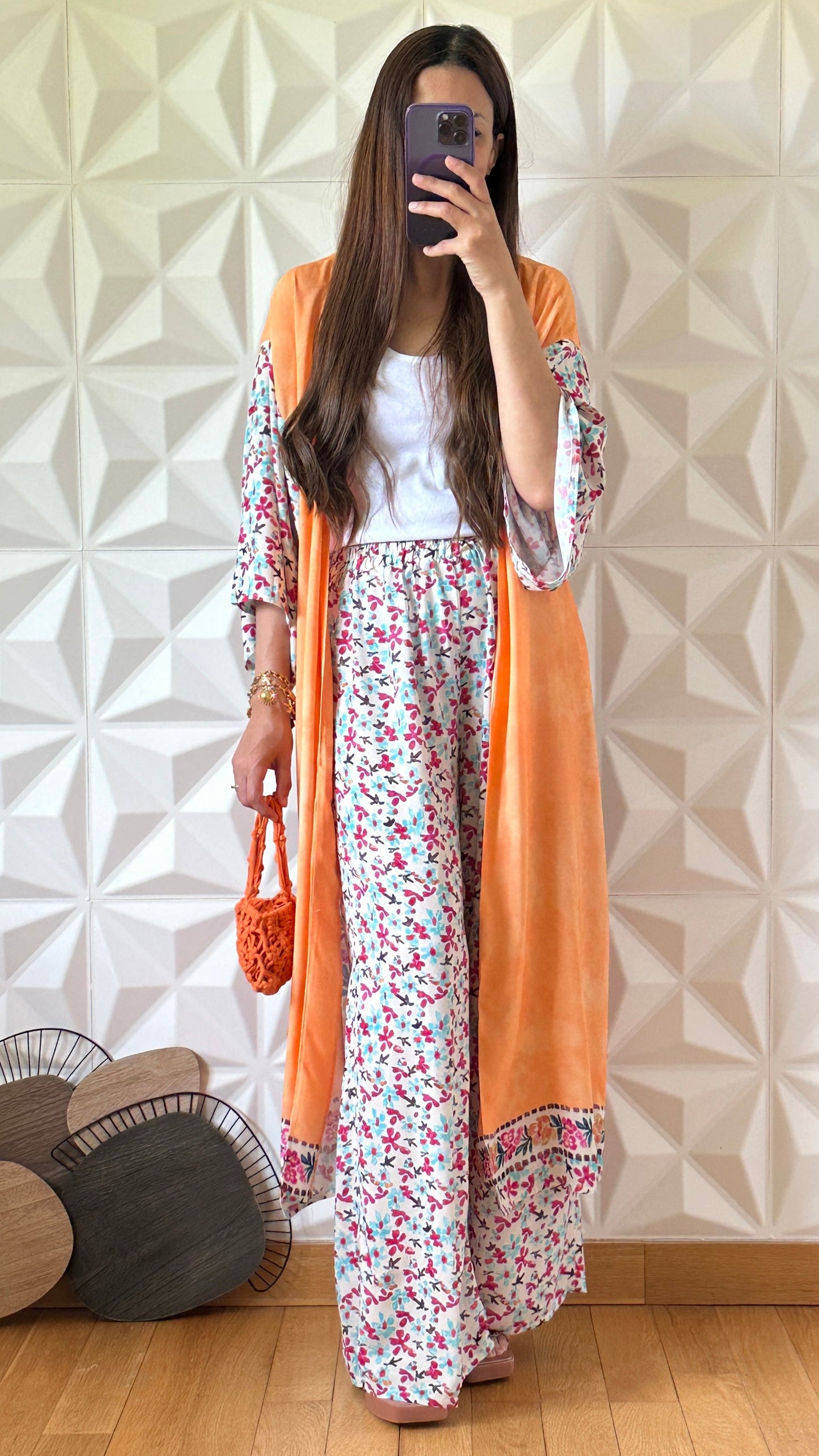 Kimono Set with Tie Tie and Floral Print - Beige