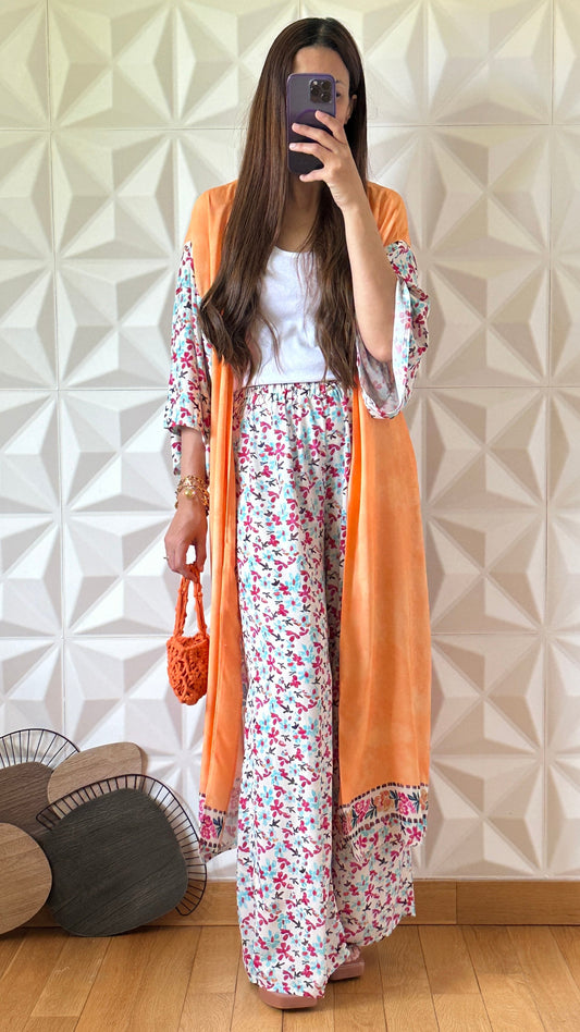 Kimono Set with Tie Tie and Floral Print - Beige