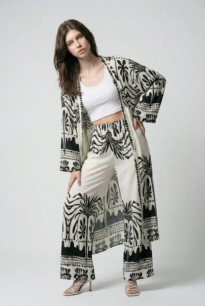 Ensemble kimono long et pantalon large a motif olivier - Noir