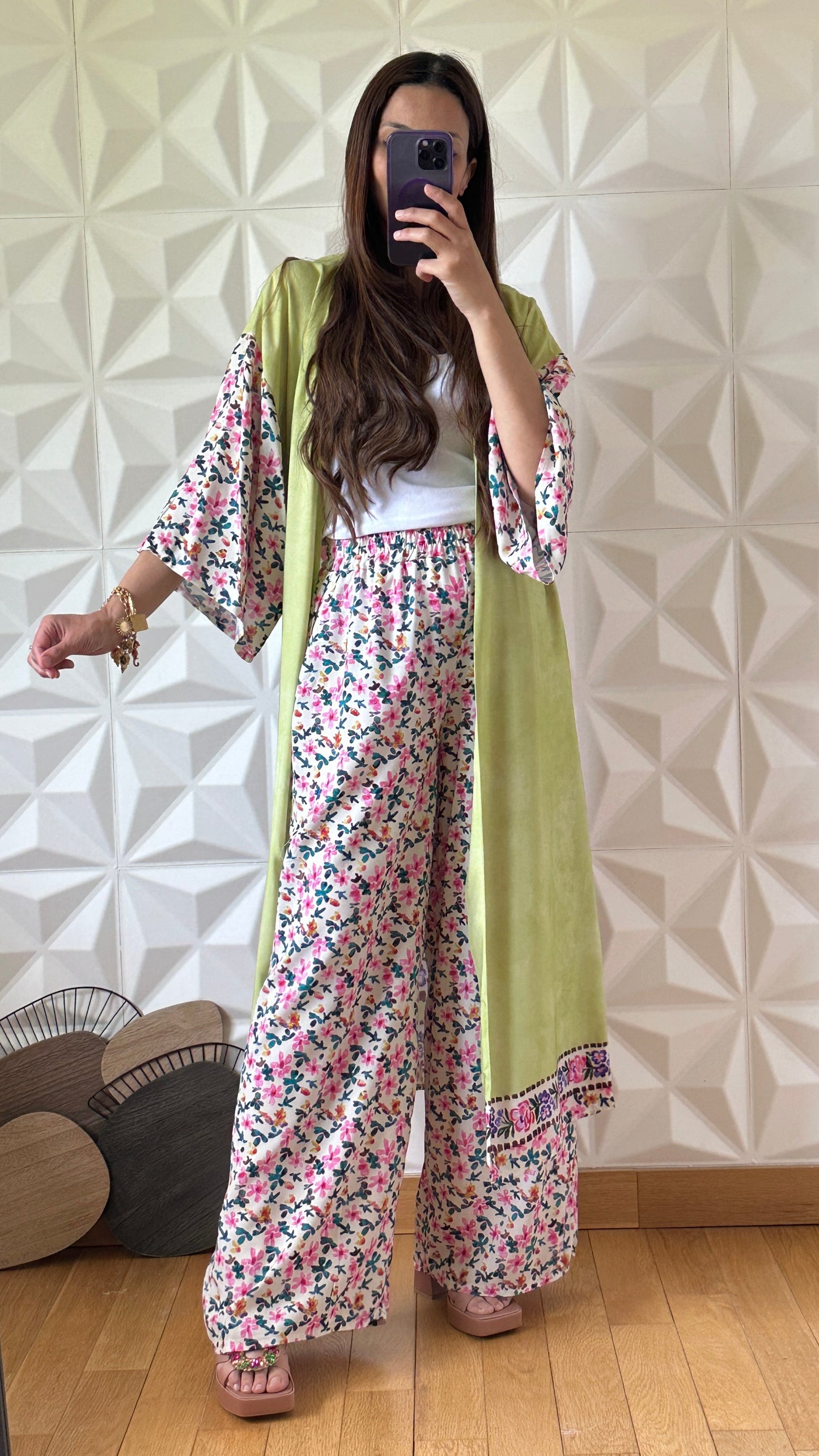 Ensemble Kimono avec lien à nouer et imprimé Floral - Vert
