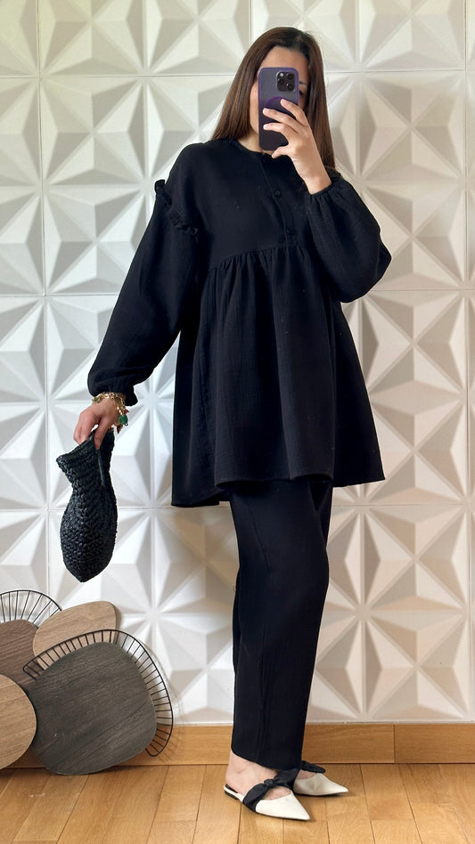 Ensemble Lin Pantalon et Tunique à manches volumineuses - Noir