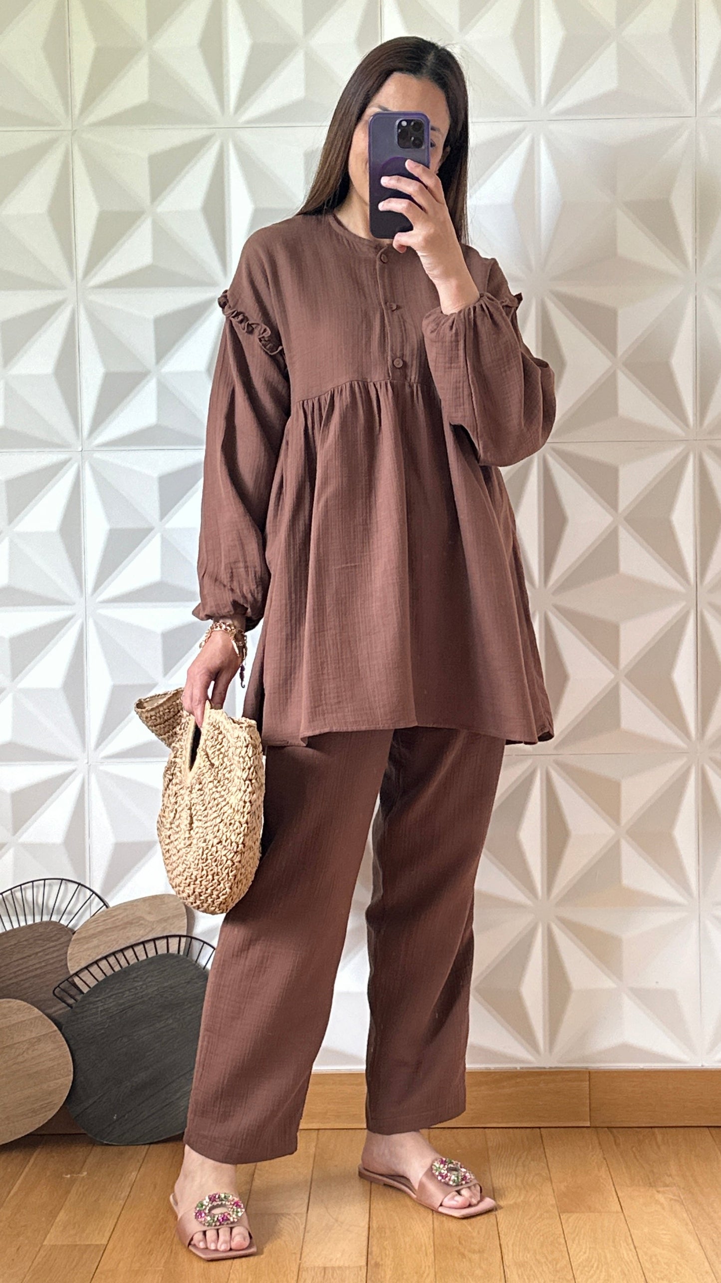 Smocked Linen Pants and Shirt Set with Voluminous Sleeves - Taupe