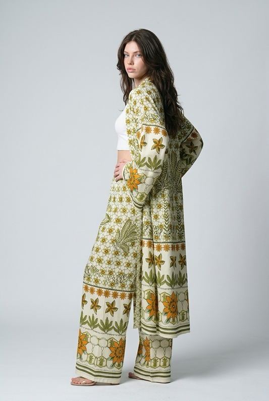 Ensemble kimono long et pantalon large a motif floral - Kaki