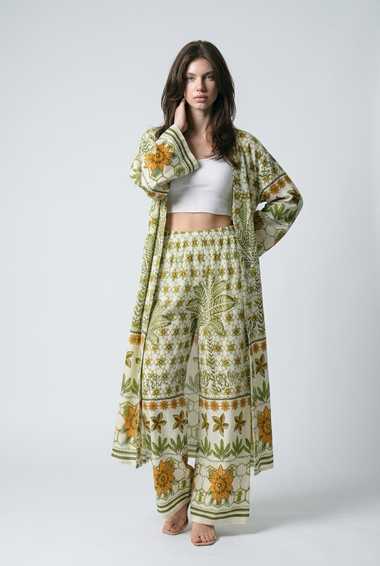 Ensemble kimono long et pantalon large a motif floral - Kaki