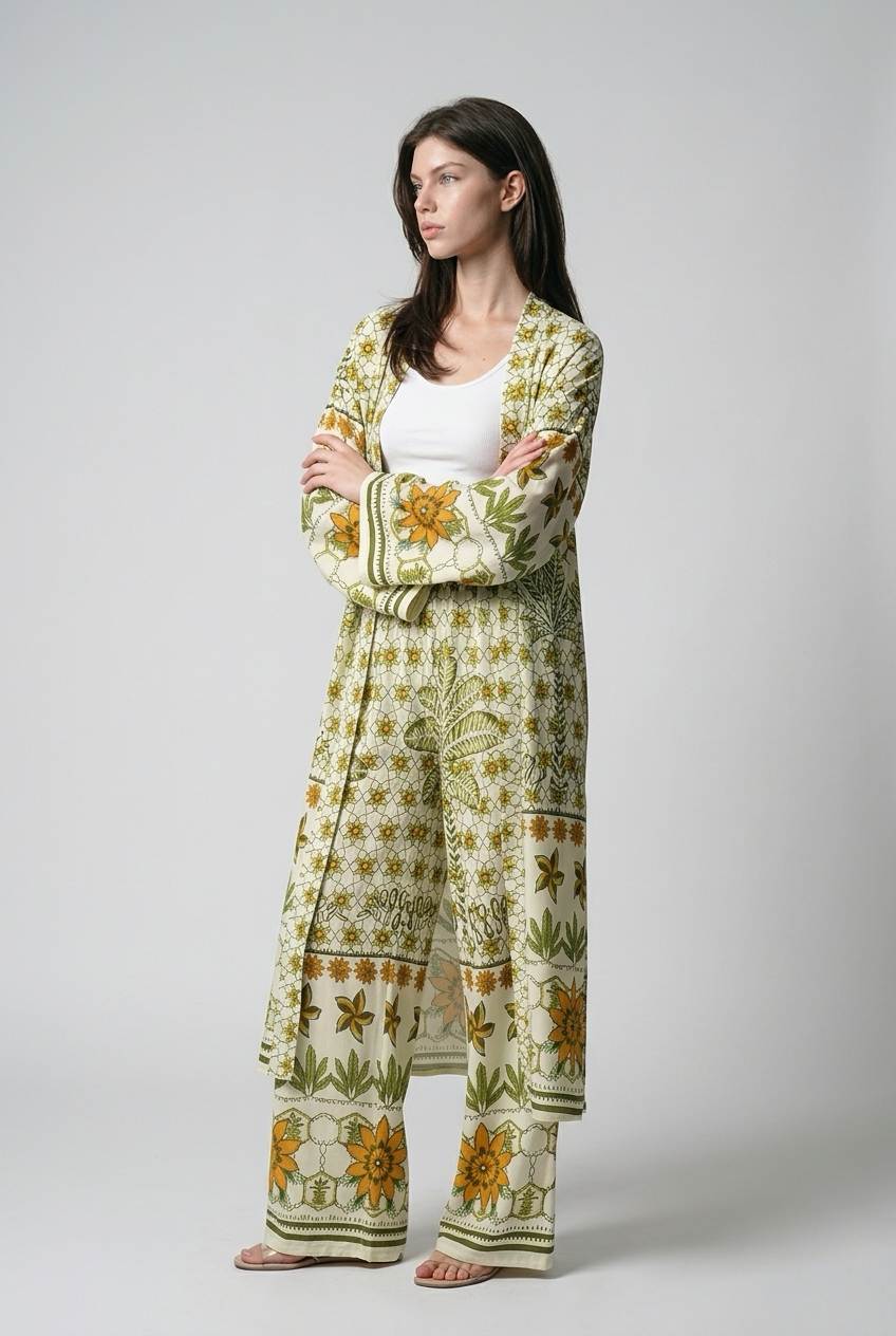 Ensemble kimono long et pantalon large a motif floral - Kaki
