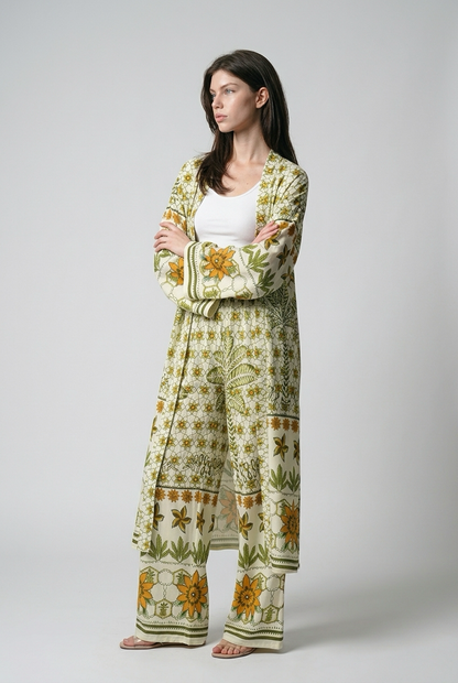 Ensemble kimono long et pantalon large a motif floral - Kaki