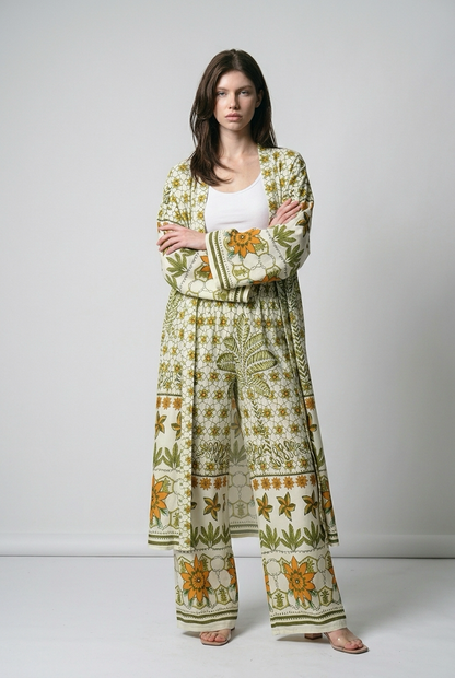 Ensemble kimono long et pantalon large a motif floral - Kaki
