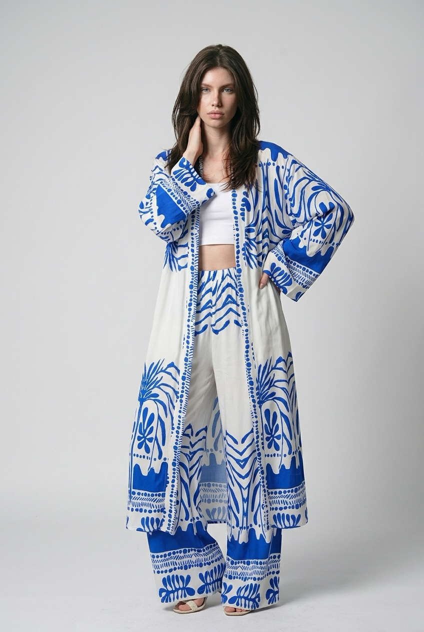Ensemble kimono long et pantalon large a motif olivier - Bleu