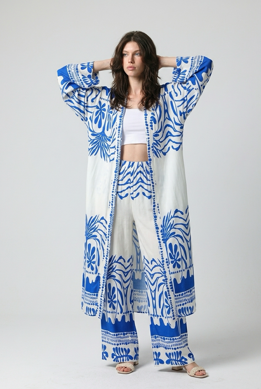 Ensemble kimono long et pantalon large a motif olivier - Bleu
