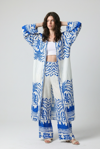 Ensemble kimono long et pantalon large a motif olivier - Bleu