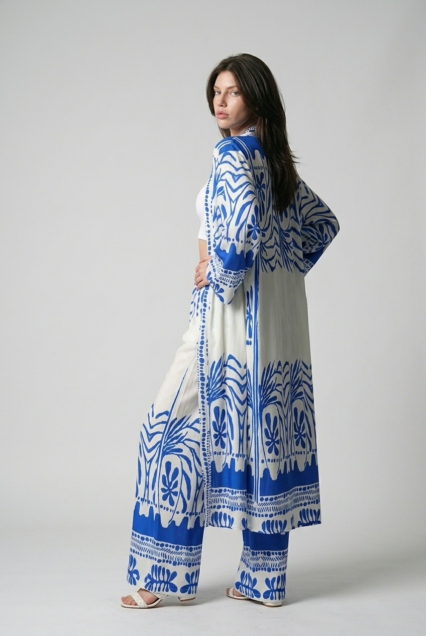 Ensemble kimono long et pantalon large a motif olivier - Bleu