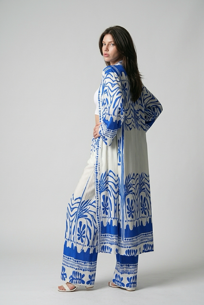 Ensemble kimono long et pantalon large a motif olivier - Bleu