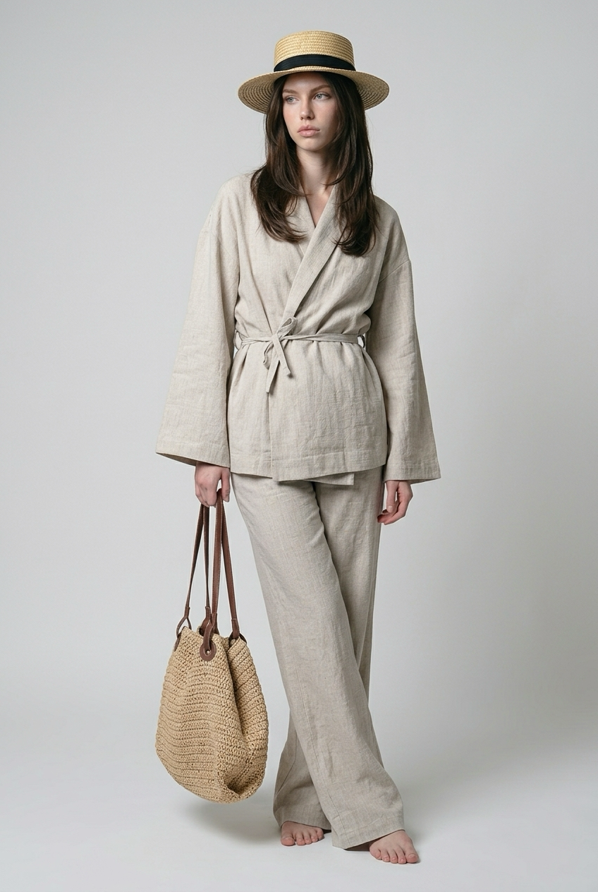 Ensemble avec blazer croisé noué à la taille et pantalon large - Taupe