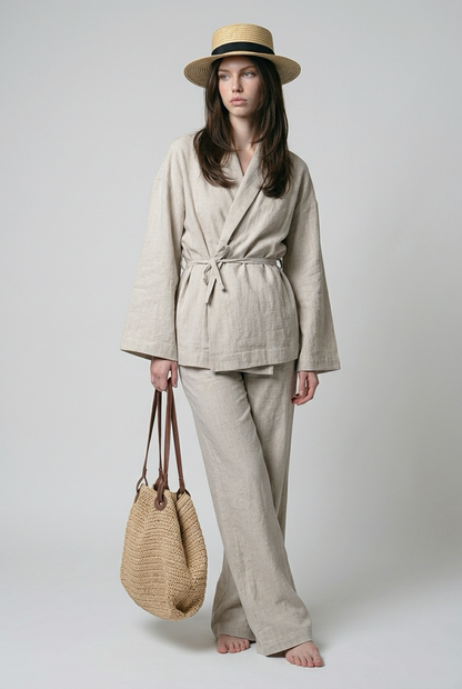 Ensemble avec blazer croisé noué à la taille et pantalon large - Taupe