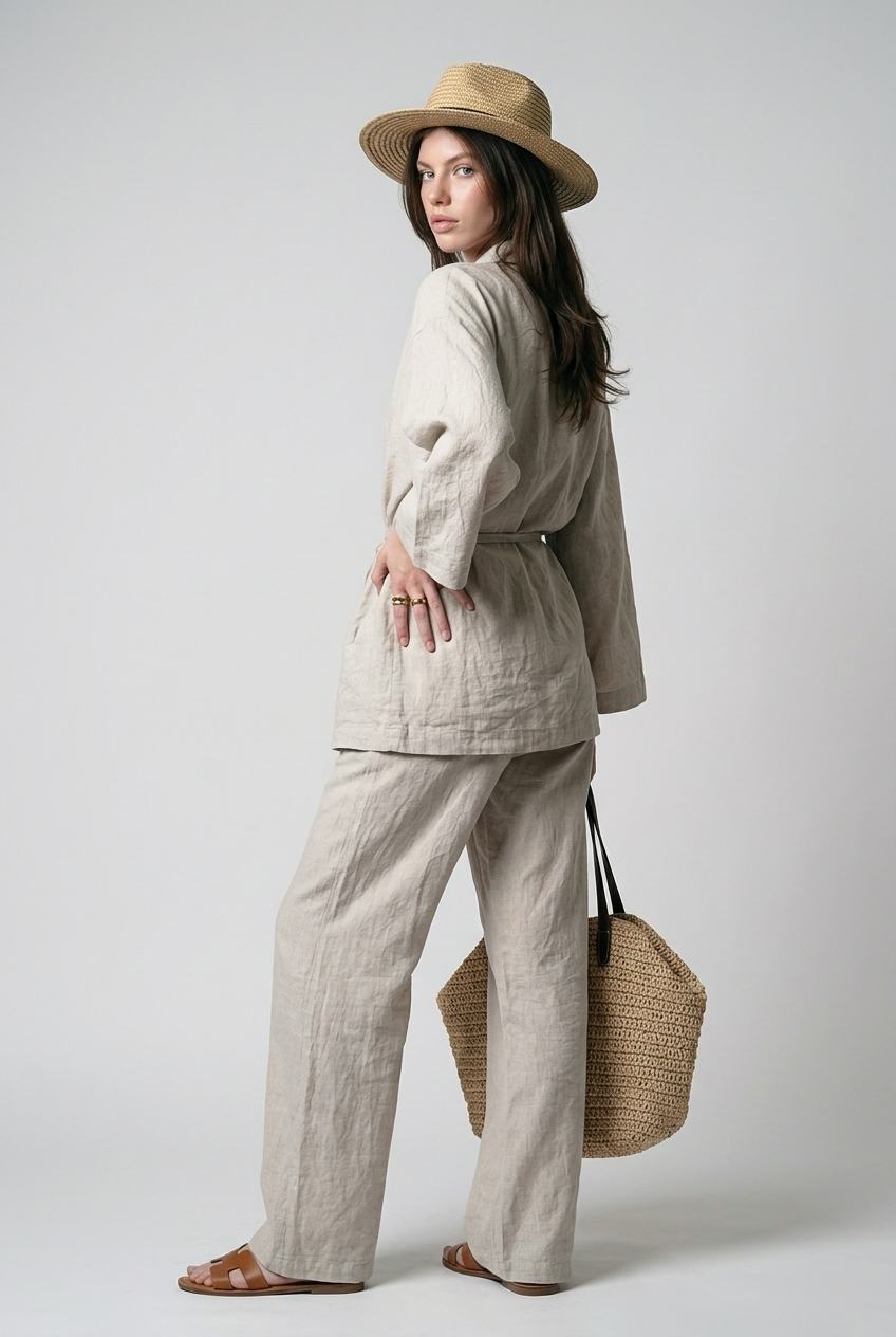 Ensemble avec blazer croisé noué à la taille et pantalon large - Taupe