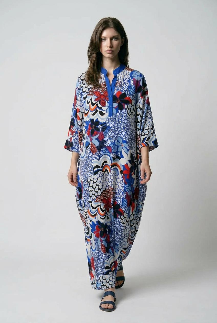 Robe caftan oversize à imprimé Floral - Bleu
