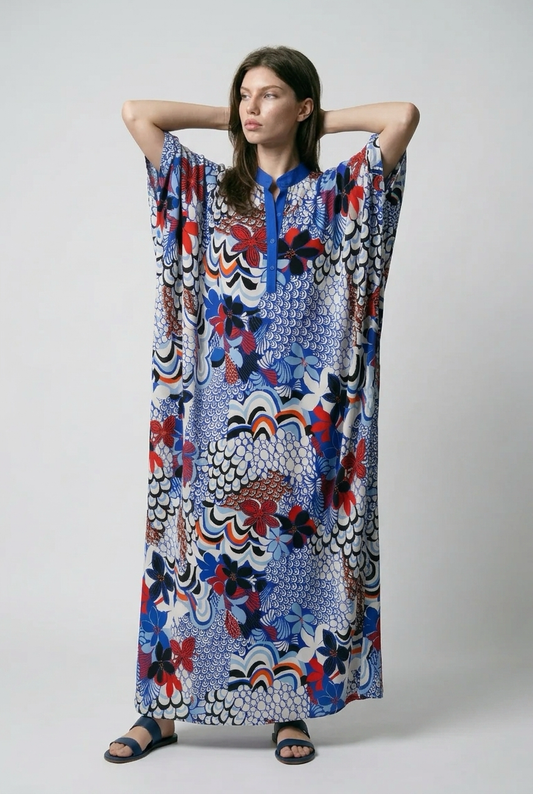 Robe caftan oversize à imprimé Floral - Bleu