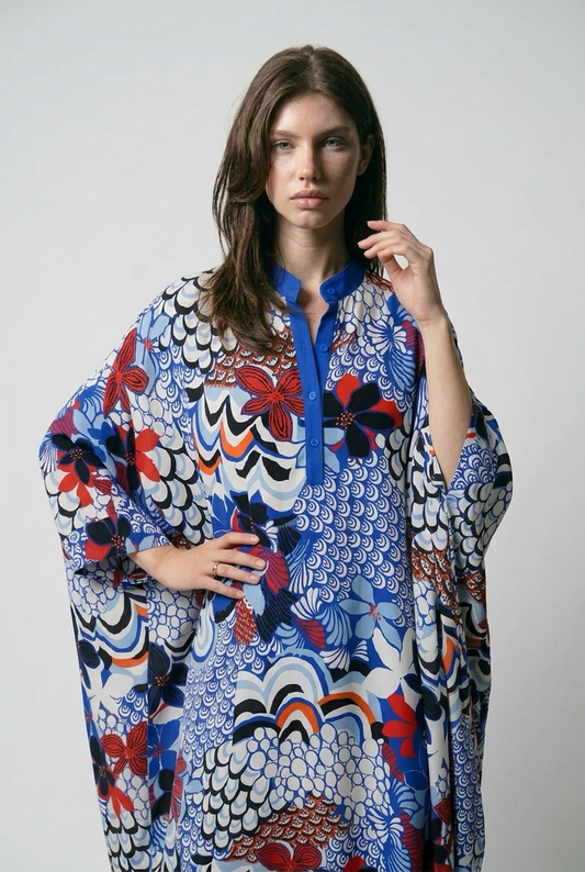 Robe caftan oversize à imprimé Floral - Bleu